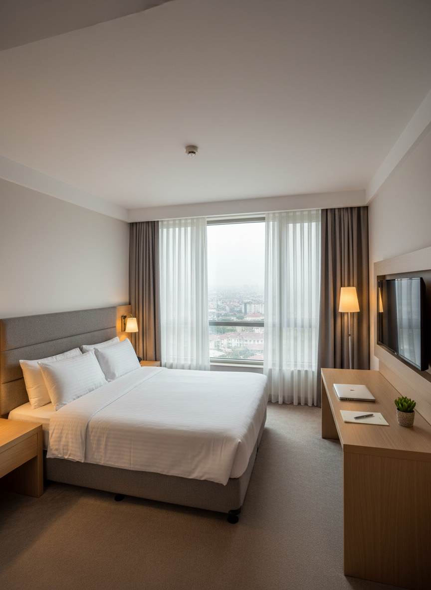 A tranquil, well-appointed Angrand Otel guest room in Ankara, centered on a king-size bed with crisp white linens, a textured dove-gray headboard, and neatly arranged pillows. At each side, minimalistic walnut nightstands hold slim, warm-glow bedside lamps casting soft pools of light. A large floor-to-ceiling window reveals a hazy, distant Ankara skyline at early morning, sheer curtains gently diffusing daylight across the room. A light oak work desk with a closed laptop, notepad, and a small potted plant sits opposite the bed, with a wall-mounted flat-screen TV above. Photographic realism, shot from a corner at a slightly elevated angle, with balanced, clear focus. The mood is exceptionally peaceful, orderly, and inviting, conveying restful, professional accommodation.